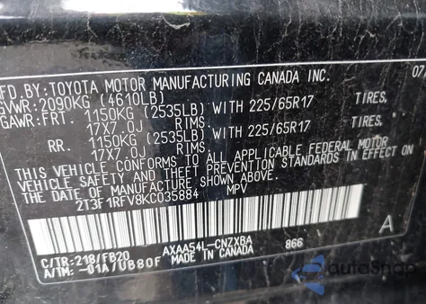 2019 Toyota Rav4 Le из США, поврежденный, VIN 2T3F1RFV8KC035884